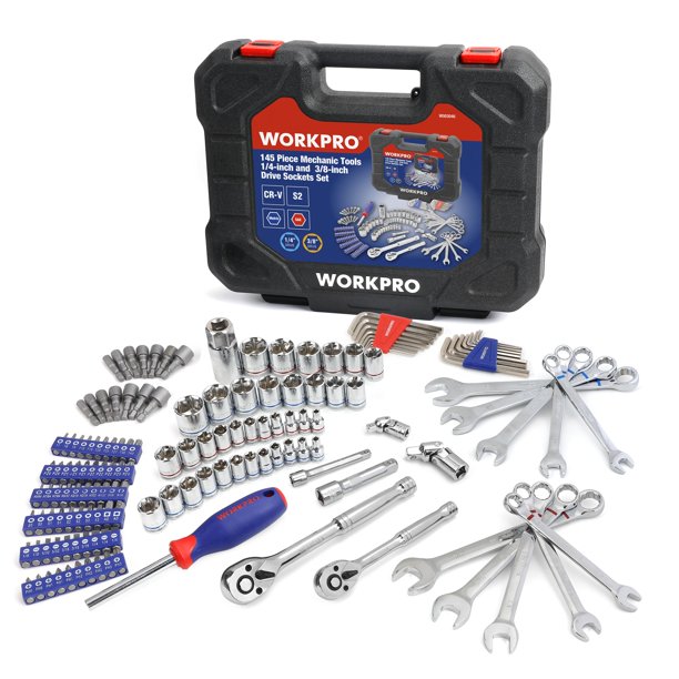 Workpro 145 Piece Mechanic's Tool Set 1/4inch and 3/8inch Drive Sockets Set