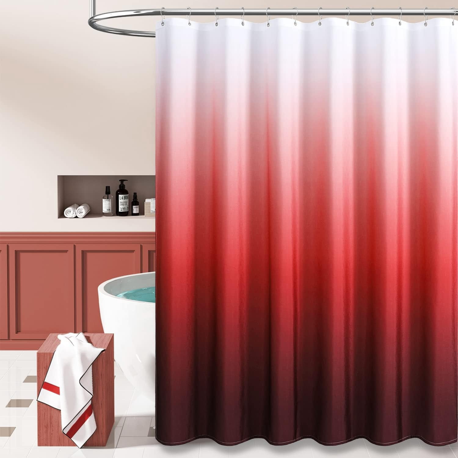 Red Fabric Shower Curtain, Ombre Linen Textured Weighted Cloth Shower Curtain Set with Plastic Hooks, Modern Hotel Decorative Thick Polyester Shower Curtains for Bathroom, Water Repllent, 72x72
