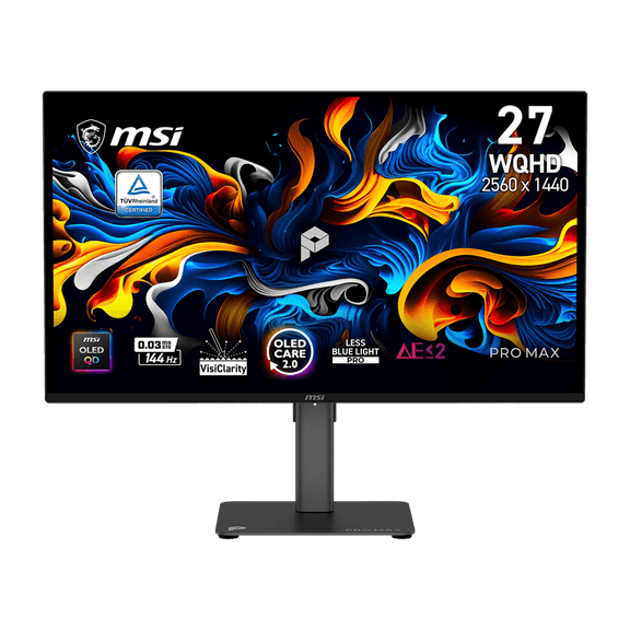 MSI PRO MAX 271QPX14G 27" WQHD (2560 x 1440) Flat QD-OLED EyesErgo Monitor, Black, 144Hz, 16:9, OD-OLED, 0.03ms, 400 nits (HDR), Uniform Luminance, Built-in Two Speakers