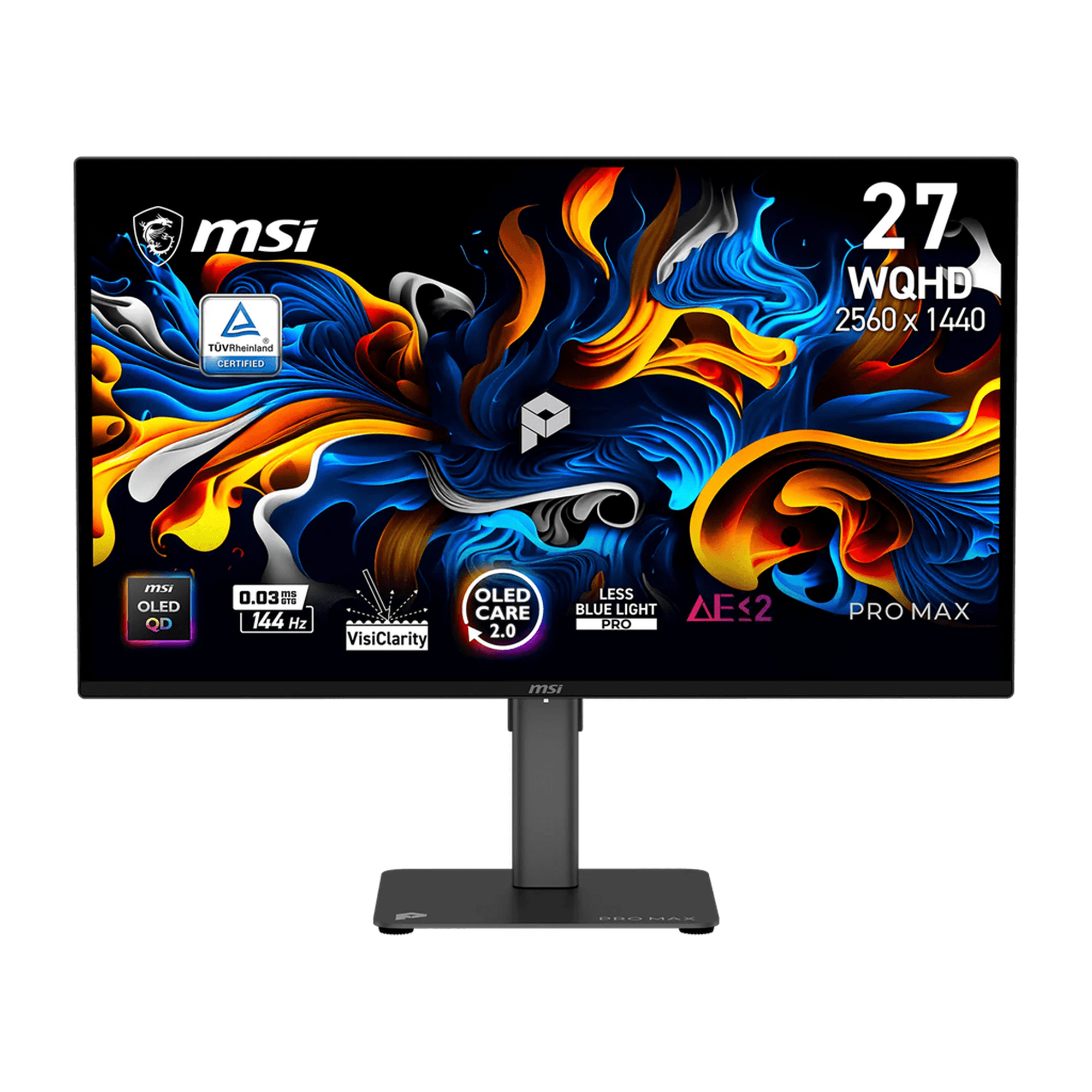 MSI PRO MAX 271QPX14G 27" WQHD (2560 x 1440) Flat QD-OLED EyesErgo Monitor, Black, 144Hz, 16:9, OD-OLED, 0.03ms, 400 nits (HDR), Uniform Luminance, Built-in Two Speakers