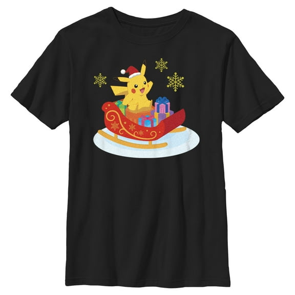Boy's Pokemon Christmas Pikachu Sleigh Graphic Tee Black Medium