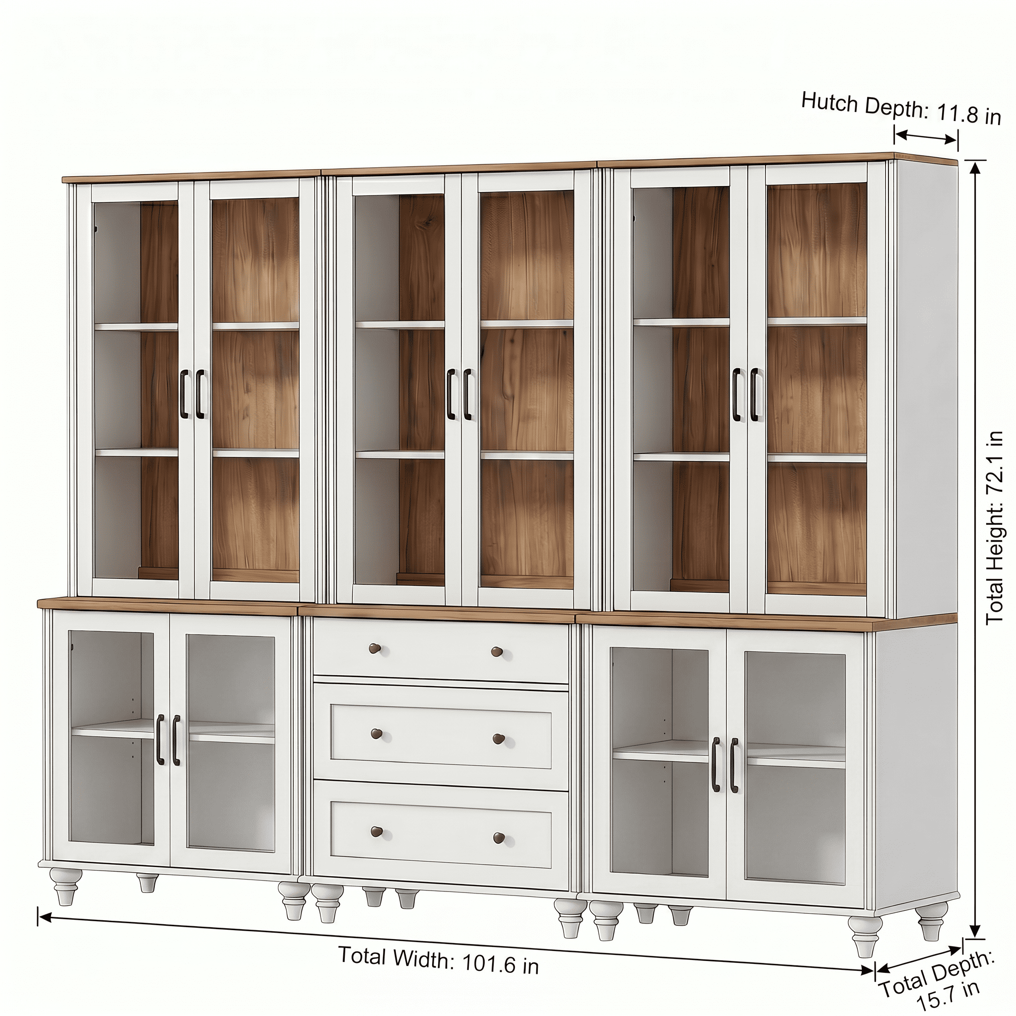 White Large Bookcase with Glass Doors, Bookshelf with Ample Storage Cabinets, Farmhouse Library Wooden Bookshelves for Living Room, Office, Kitchen