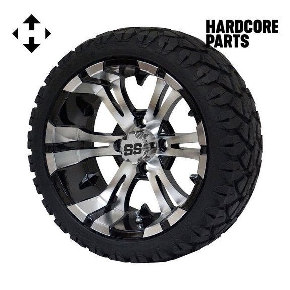 Hardcore Parts 14" Machined/Black 'Vampire' Golf Cart Wheels and 20″x8.5″-14″ STINGER On-Road/Off-Road DOT rated All-Terrain tires - Set of 4, includes Chrome 'SS' center caps & 1/2x20 Chrome lug nuts