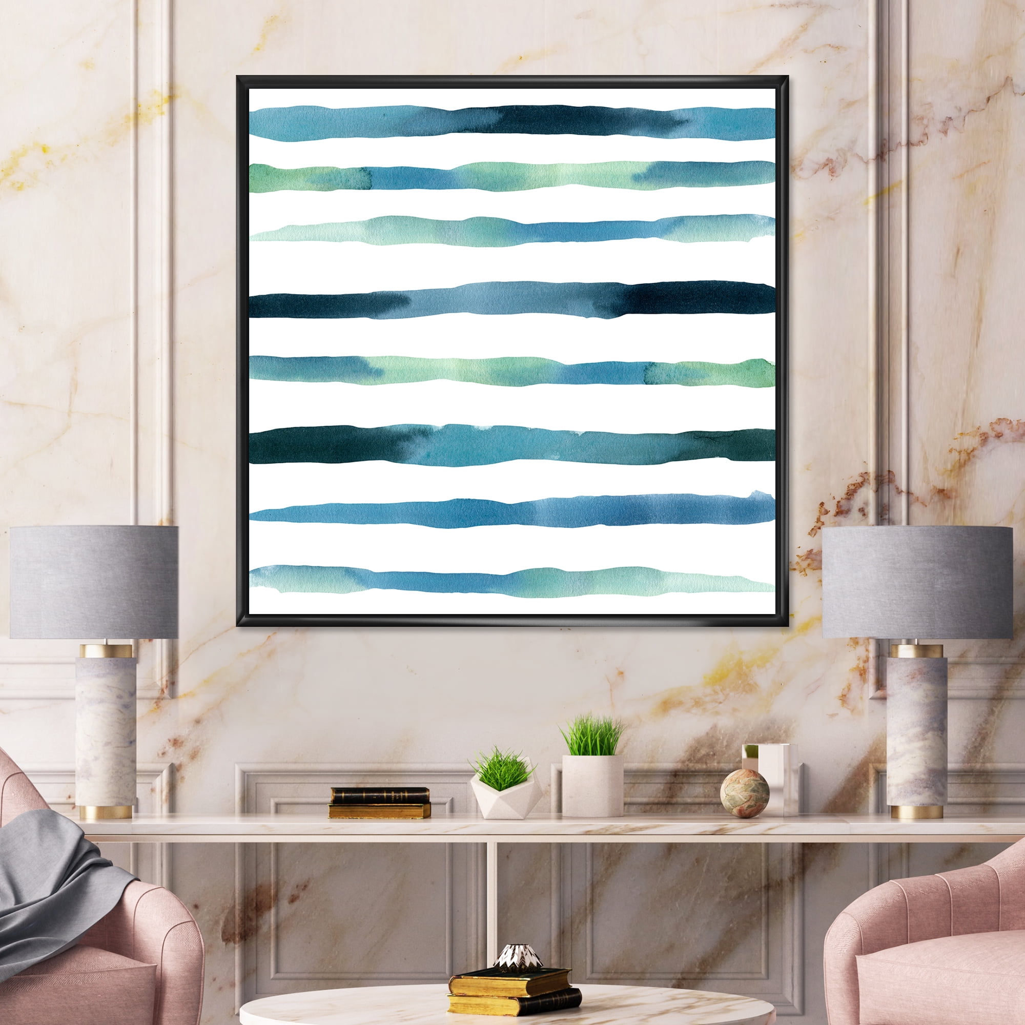 Dark Blue Verticals Aquatic 16 in x 16 in Framed Painting Canvas Art Print, by Designart