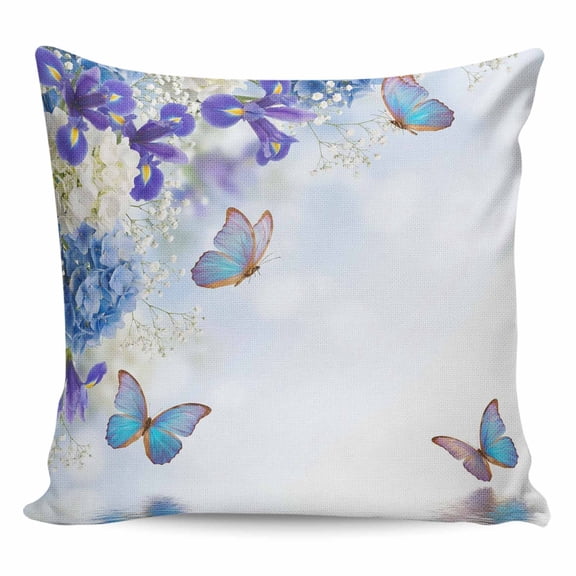 Blue Purple Floral Pillow Covers 18x18 Inch Decorative Throw Pillow Cover, Ombre Butterflies Modern Art Spring Sofa Pillowcases Accent Cushion Case Home Decor Bedroom Living Room