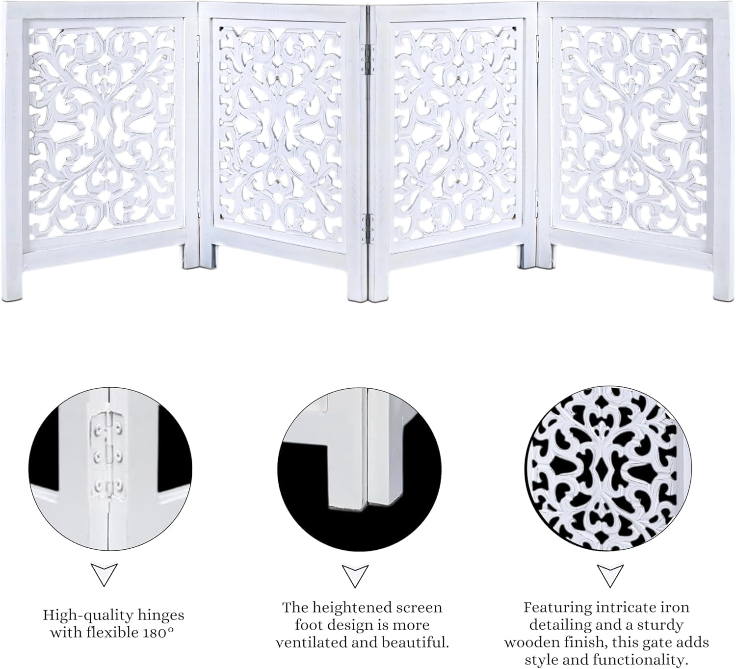 Free Standing Dog Gate – 4 Panel Foldable Wooden pet gate Indoor 72" W x 24" H, Hand-Carved Solid Wood & MDF, Portable Indoor Gate for Doorways, Halls, Stairs – Fully Assembled, Antique White