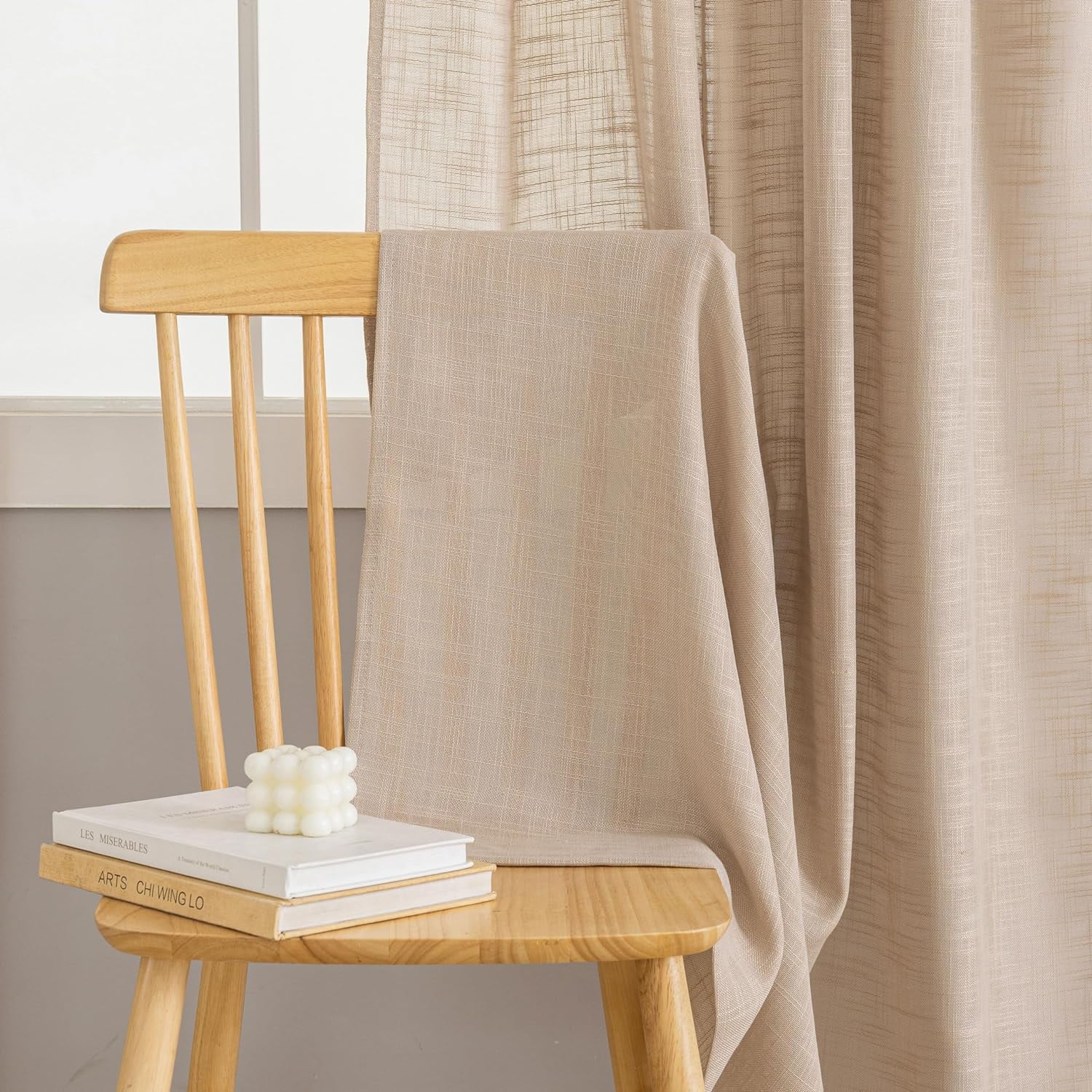 Bailu Linen Semi Sheer Curtains Tab Top Light Filtering Elegant Curtains & Drapes for Bedroom (Tan, W52 x L63, 2 Panels)