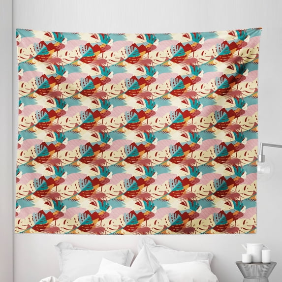 Leaves Tapestry, Vintage Tropical Plants Abstract Modern Garden Art Exotic Jungle, Fabric Wall Hanging Decor for Bedroom Living Room Dorm, 5 Sizes, Beige Cadet Blue and Burgundy, by Ambesonne