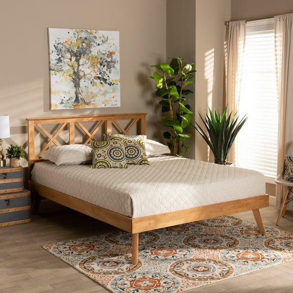 Full Size Platform Bed - Brown Wood Bed Frame with Crisscross Headboard - Modern Bedroom Furniture