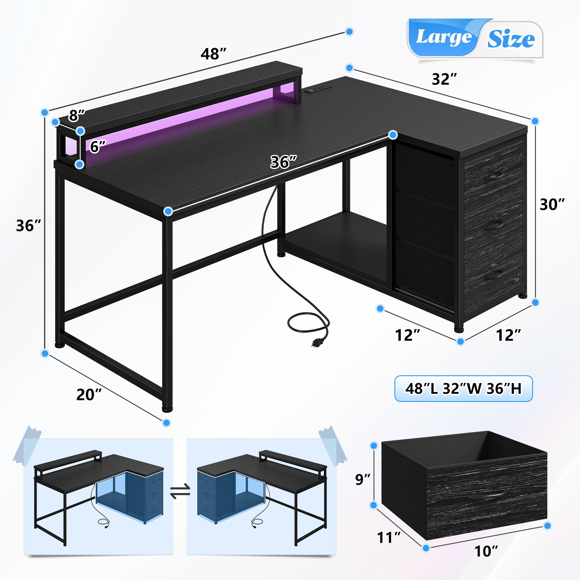 Romorgniz Gaming Desk Computer Desk with LED Lights & Power Outlet Reversible l Shaped Desk with 3 Drawers 48"L Office Desk with Monitor Stand for Gaming Room,Home Office,Bedroom,Black