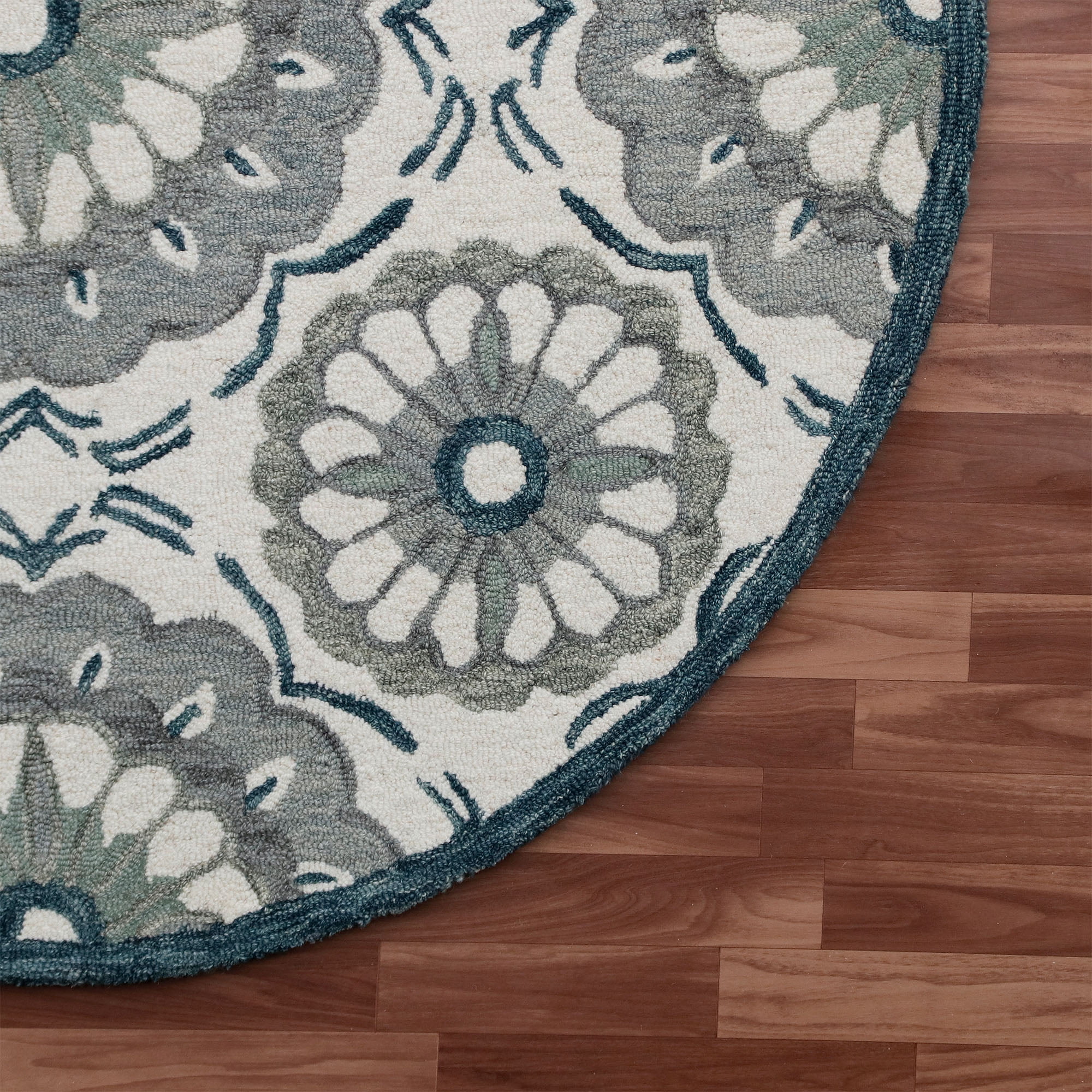 Elm & Oak Clio 7'3" Round Ivory/Gray Suzani Handmade Wool Indoor Area Rug