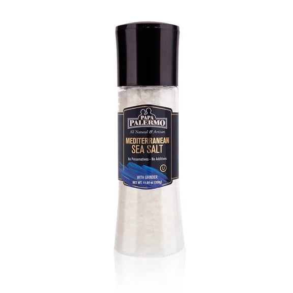 Papa Palermo Mediterranean Sea Salt with Grinder, Coarse Kosher Salt, All Natural, 11.64 oz