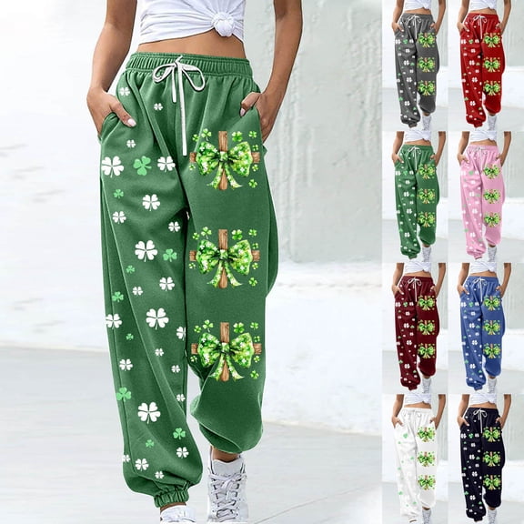 FRSASU Ladies' St. Patrick's Day Printed Elastic Waist Loose Casual Ankle Pants with Pockets White