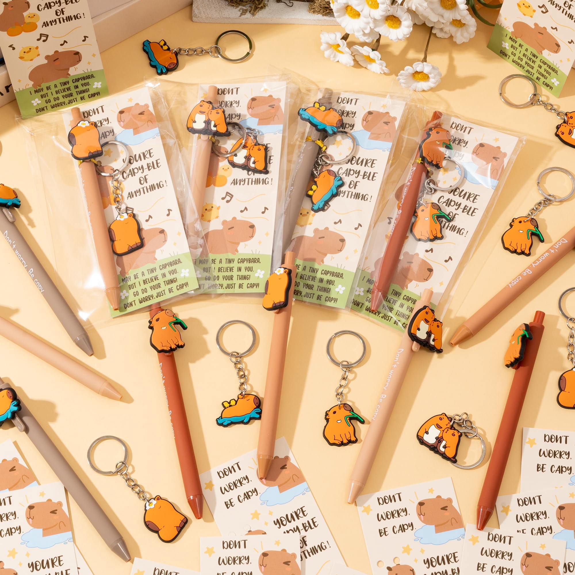 Capybara Motivational Gifts Bulk - 12 Set Capybara Ballpoint Pens Keychains Bookmarks, Funny Classroom Rewards Student Teacher Employees Coworker Appreciation Gifts Inspirational Party Favors