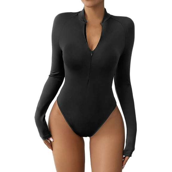 Mittory Long Sleeve Bodysuit for Women Mock Turtle Neck Body Suits Zip Up Design Black Bodysuit Shirts