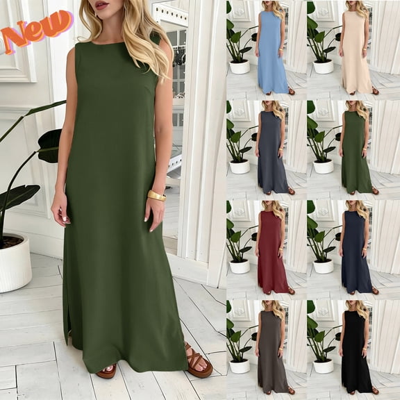 Taqqpue Women Sleeveless Maxi Dress Casual Solid Color Crewneck Linen Long Dress Loose Fit Flowy Tank Dress Beach Vacation Sundress for Women