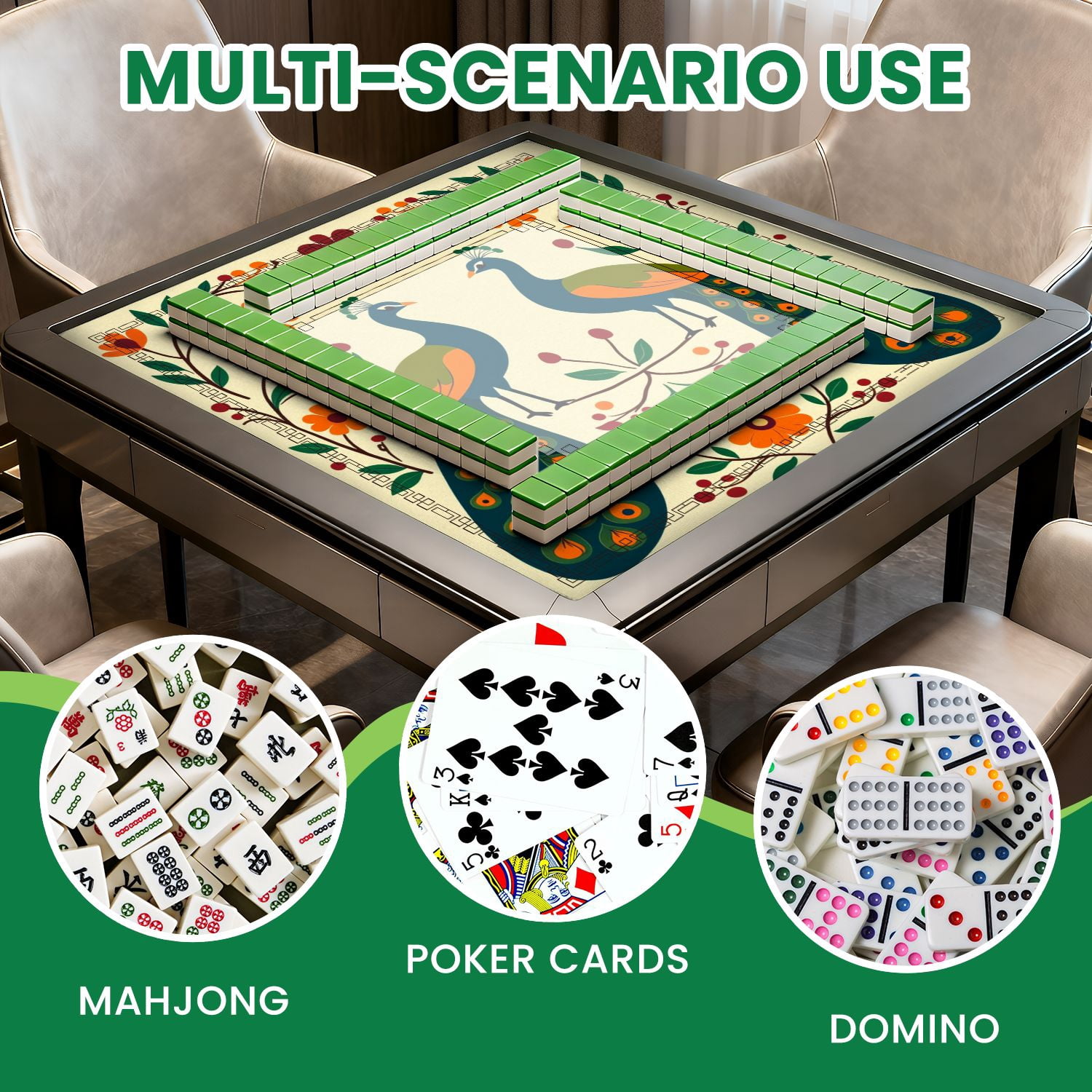 Mahjong Mat 31.5" x 31.5" Symmetrical Peacock Vibrant Orange Flowers Green Foliage Folk Art Non-Slip Noise Reduction American Mahjong Tiles Table Cover for Dominoes Poker Card Board Games Gift
