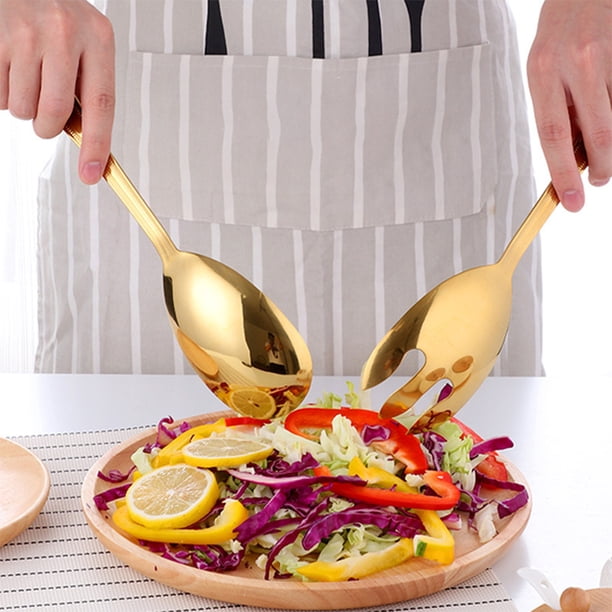 Juego de cucharas y tenedores para ensalada de acero inoxidable con mango largo | Utensilios de servicio utilitarios de estilo occidental | Empuñadura ergonómica | Duradero resistente a la oxidación