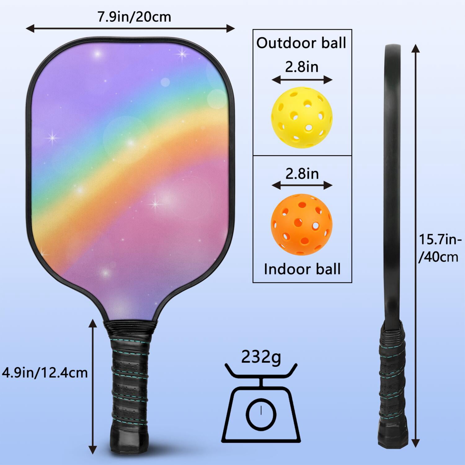 Pickleball Paddles Set Of 1, Fiberglass Surface, Vibrant Rainbow Print, 1 Paddle, 2 Balls & Bag