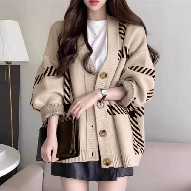 Puntoco moda mujer geométrico cuello pico botón patrón Casual manga larga suéter señoras prendas de vestir liquidación Puntoco Puntoco-1463