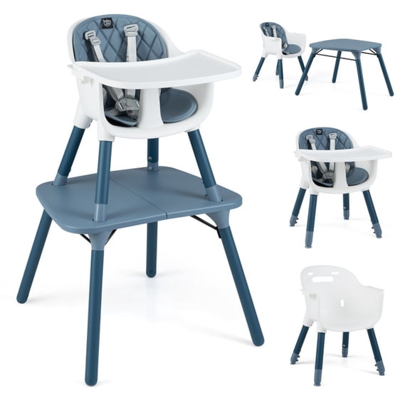 Furnibear 4 in 1 Convertible High Chair and Table Chair Set with Removable 2 Level Tray, Breathable PU Cushion, 5 Point Harness, Four Metal Legs and Stable Pyramid Frame in Blue