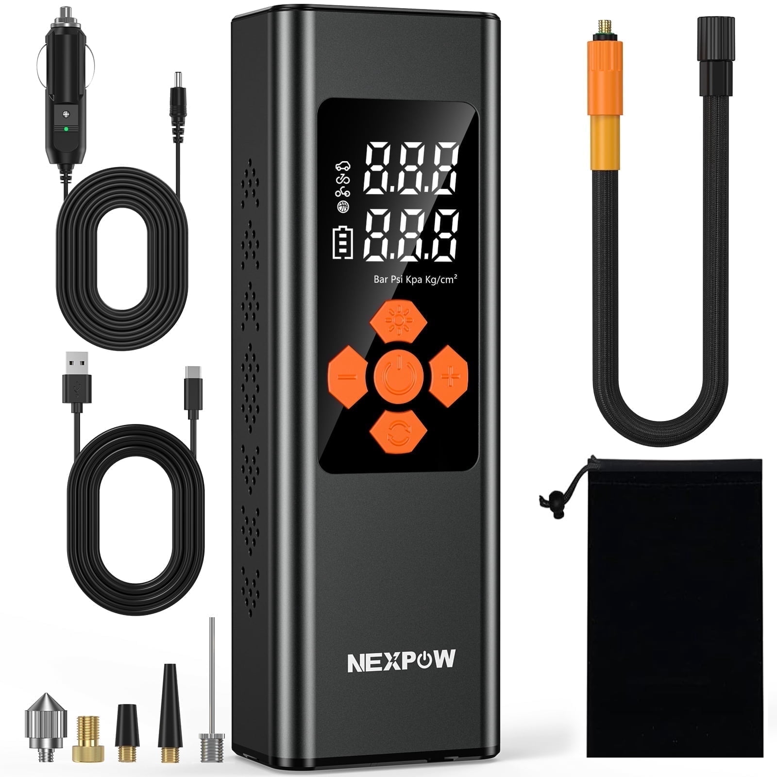 NEXPOW 150PSI Cordless Tire Inflator, 7500mAh Air Compressor with Dual-Screen Display & Auto Shut-Off, Portable Air Pump for Car/Motorcycle/Bike, USB Power Bank + LED Light, Black