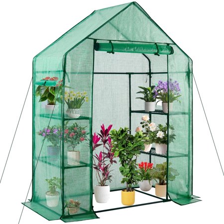 FOUKUS Mini Greenhouse for Outdoors, 56 x 28.4 x 75.6'' Walk-in Green House with Zippered Door, Mesh Windows, Thicken PE Cover, 3 Tiers 6 Shelves, Ideal for Backyard Gardening