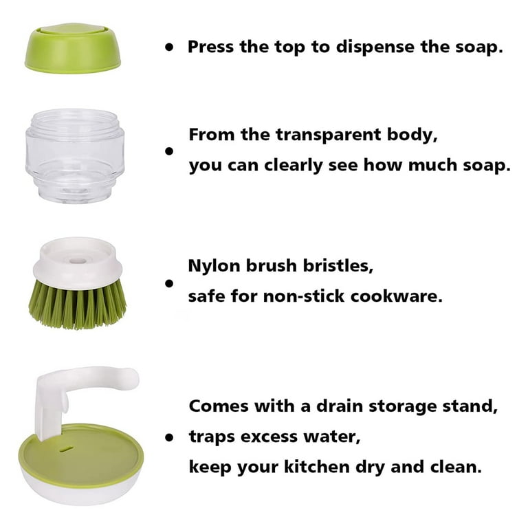 Soap Dispensing Scrub Brush with Drip Tray, Washing Brush for Dishes Pots  Pans Sink Cleaning, Kitchen Scrubber Storage 