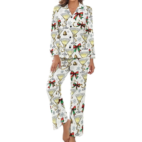 Top-kevin Women Long Sleeve Pajama Set Comfy Pjs Sets Martini Glasses Bells Ribbons 2 Piece Lounge Set