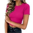 thumbnail image 3 of Women's Regular Fit Round Neck Short Sleeve Solid Color Comfy Pullover Top Blouse Casual Daily Wear Summer Vacation Outfits | CSEONE,Hot Pink L, 3 of 9