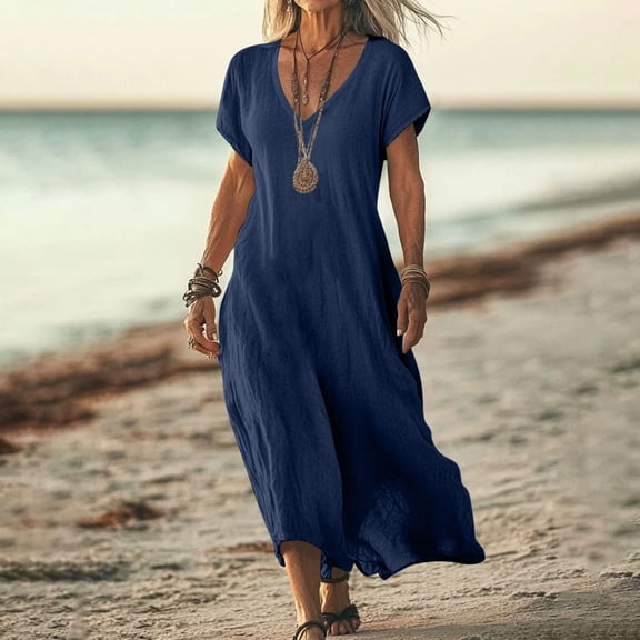 Summer Fashion Plus Size Dresses for Women Solid Color Cotton Linen Short Sleeved V-neck Dress Skirt Up to 50% off Navy L
