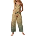 thumbnail image 2 of Women's Floral Print Sleeveless Overalls Loose Wide Leg Cotton Linen Jumpsuit with Pockets Green 2XL, 2 of 7