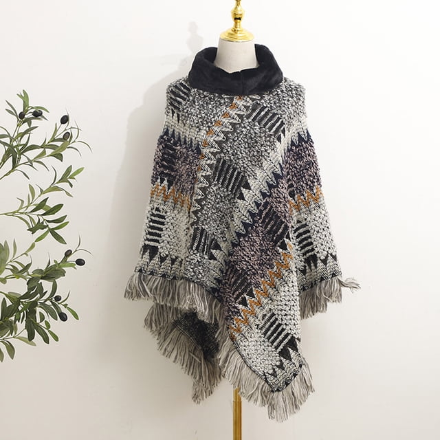 Foulard Multicolore Poncho Imprimé pour Femmes avec Franges Châle Tricoté Foulard Frangée Chandail Cape Cadeaux pour Femmes Foulard Ourlet à Franges Cape Châle