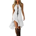 thumbnail image 2 of Noric Women's Halter Neck Dresses Lace Up Front Tiered Ruffle Asymmetrical Hem Summer Bohemian A Line Dresses, 2 of 9