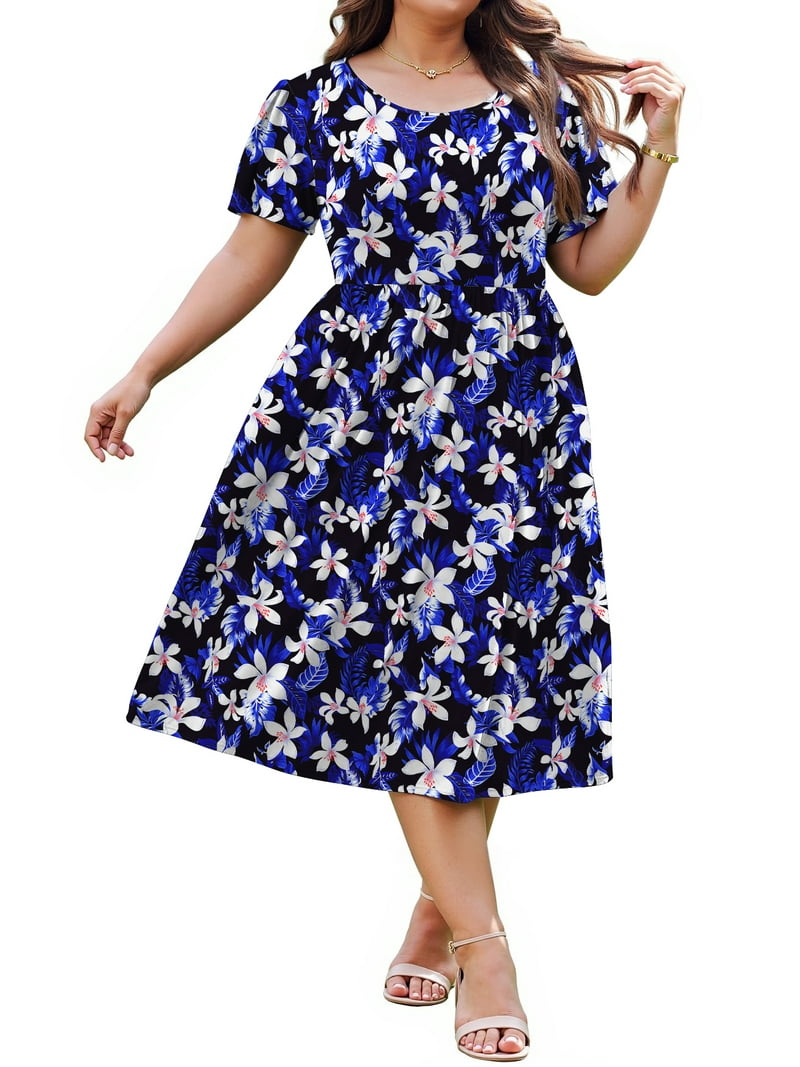 knee length dresses for ladies Orange Short Sleeve Floral Midi Dress main image 1