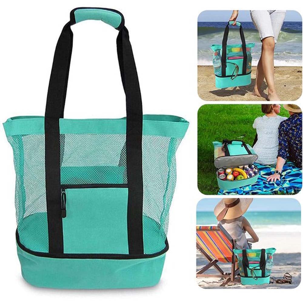 Large Mesh Beach Tote Bag Picnic Bag with Zipper and Insulated ...