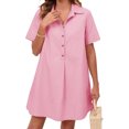 thumbnail image 2 of Summer Short Sleeve Solid Collared Button Down A Line Casual Loose Mini Shirt Dress, 2 of 6