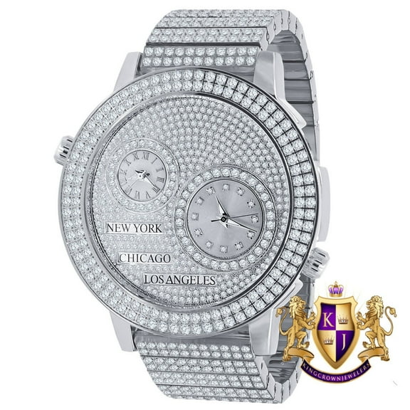 Men's Full Stainless Steel 2 Time Zone Chronograph 18K White Gold Tone Diamond Dial Luxury Custom Watch 45mm