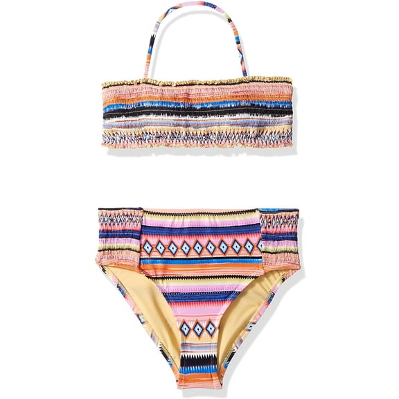 Hobie Girls' Adjustable Bandeau Top & High Waist Bottom Swimsuit Set, Multi, 10