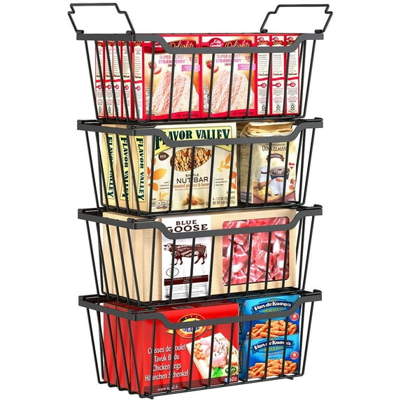 Yeabett 4 Pack Freezer Organizer Bins Stackable Chest Freezer Organizer with Foldable Handle for 5-7 Cu.FT Deep,Freezer Storage Baskets Easy to Reach Food from Bottom,Black