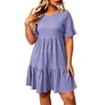 thumbnail image 3 of VBVC Women's Textured Short Sleeve Ruffle Dress,Ladies Crew Neck Casual Tiered Swing Mini Dress,Loose Fit Summer Babydoll Dress for Women,Purple,XL-5XL, 3 of 9