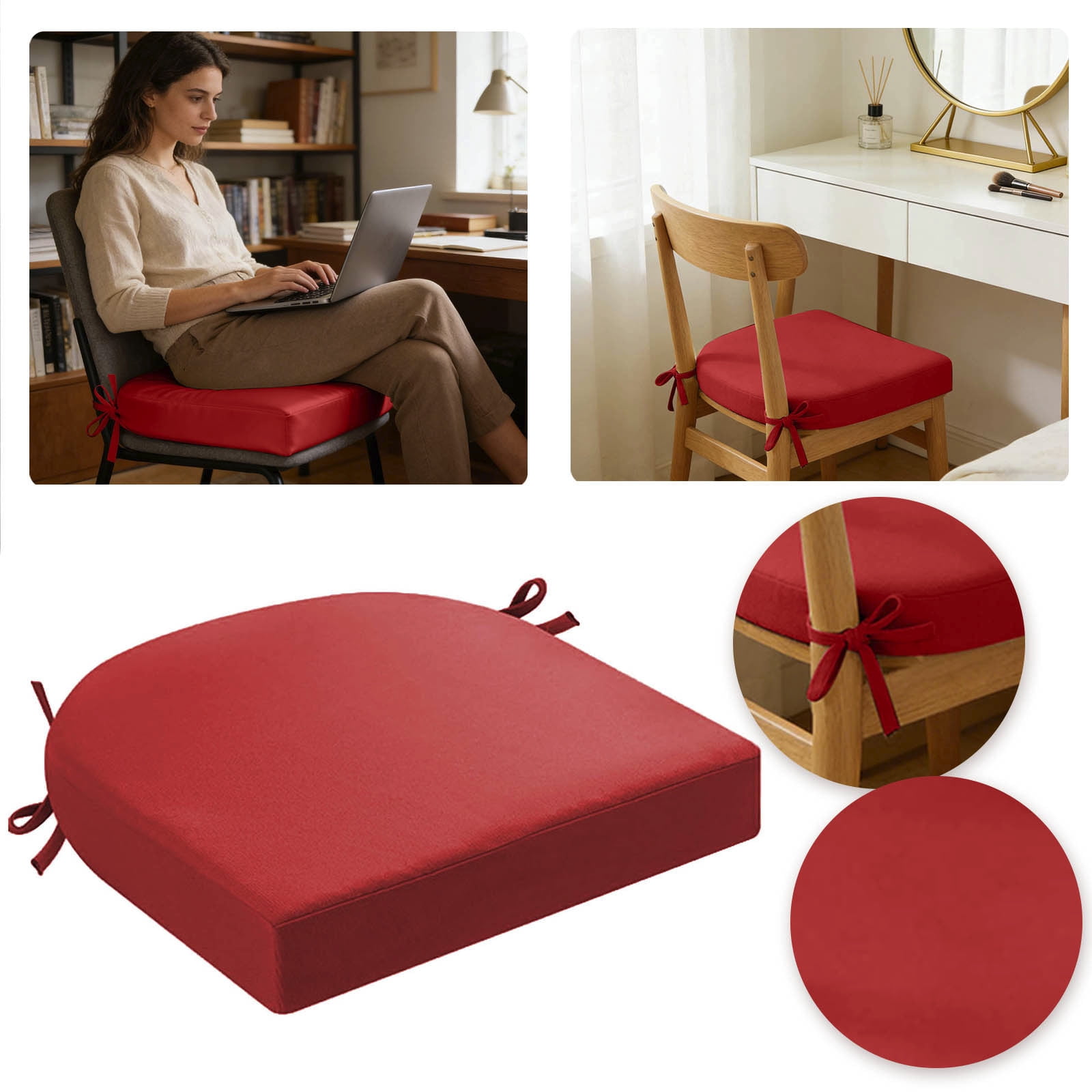 Indoor Outdoor Chair Cushion - 16.9 x 15.7 Inch Thick Seat Pad with Adjustable Ties for Dining Chairs, Patio Furniture, and Garden Chairs - Foam Comfort Seat Cushion for Home and Garden (Red)