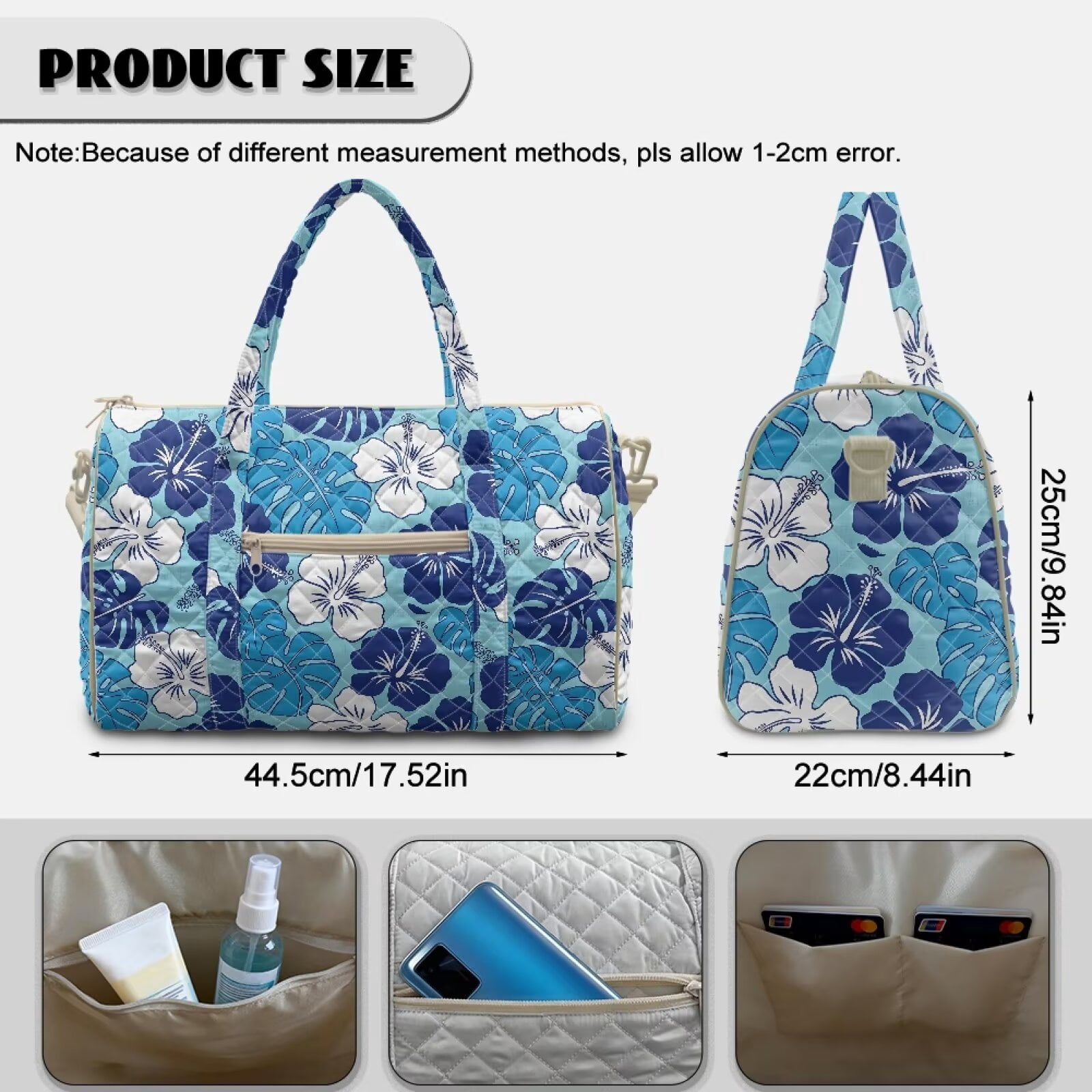 Garronmavis Blue Floral Print Quilted Duffle Bag for Women, Large Weekender Overnight Gym Bag with Luggage Sleeve, Carry On Travel Bag for Airplane Trips