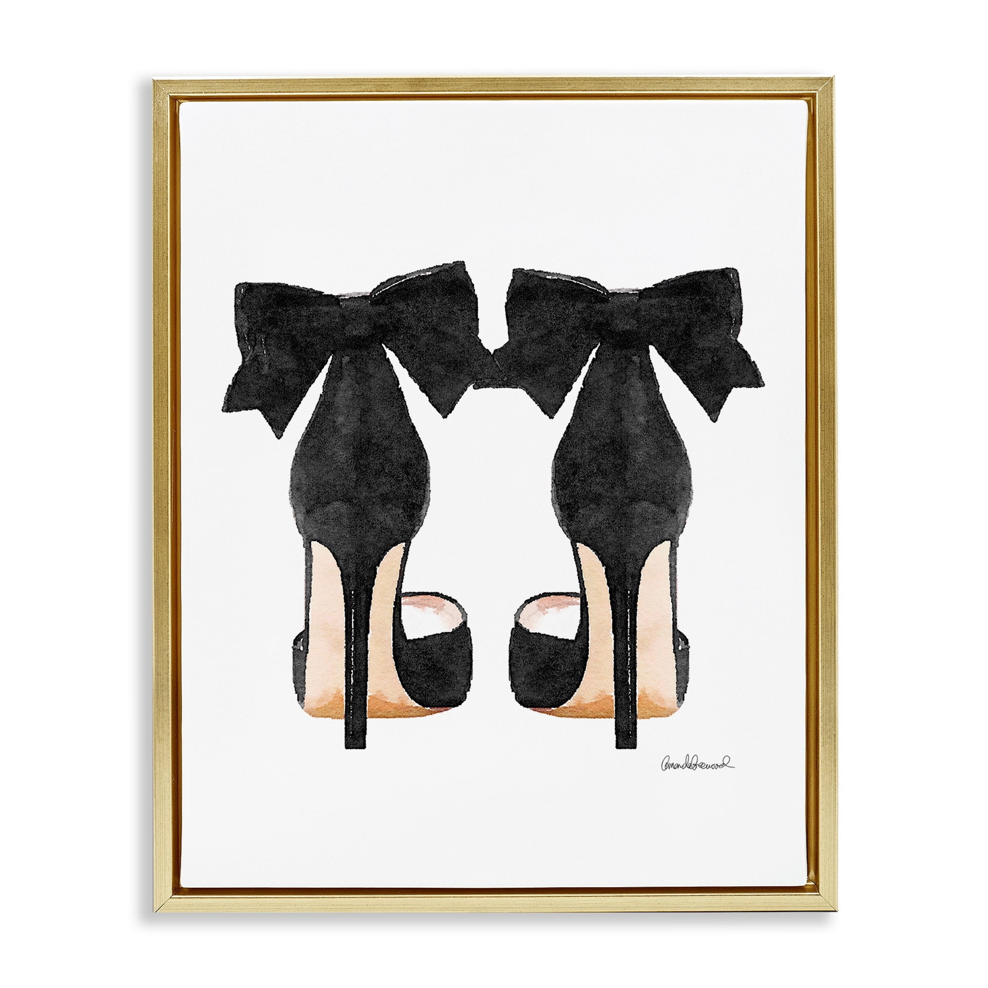 Stupell Industries Glam Pumps Heels With Black Bow Metallic Gold Framed Floating Canvas Wall Art, 24x30, by Amanda Greenwood