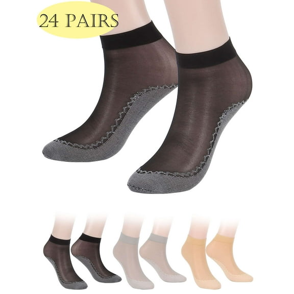 LAVA 24 Pairs Womens Ankle High Sheer Socks Elastic Silky Nylon Short Stockings with Anti-Slip Cotton Sole