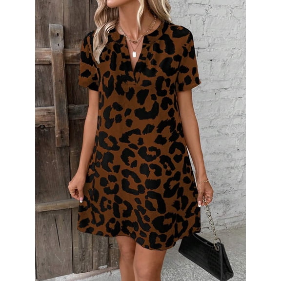 Brown Notched Neck Short Sleeve Leopard Print A-Line Casual Dress For Women