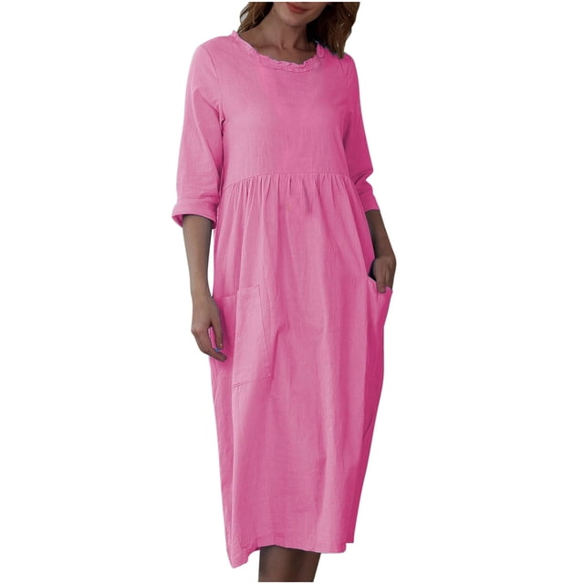 Ersazi Robe de Retour à la Maison 2024 pour Femme, Printemps, Couleur Unie, Manches Trois-Quarts, Col Rond, Décontractée, Ample, avec Poches, en Liquidation, Rose, TTG