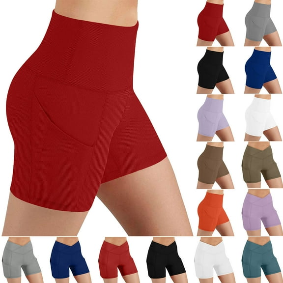 Prime By Hour! lcziwo Gym Shorts for Women High Crossover Waist Athletic Yoga Running Short Leggings with Pockets Solid Casual Tummy Control Booty Biker Shorts Black L