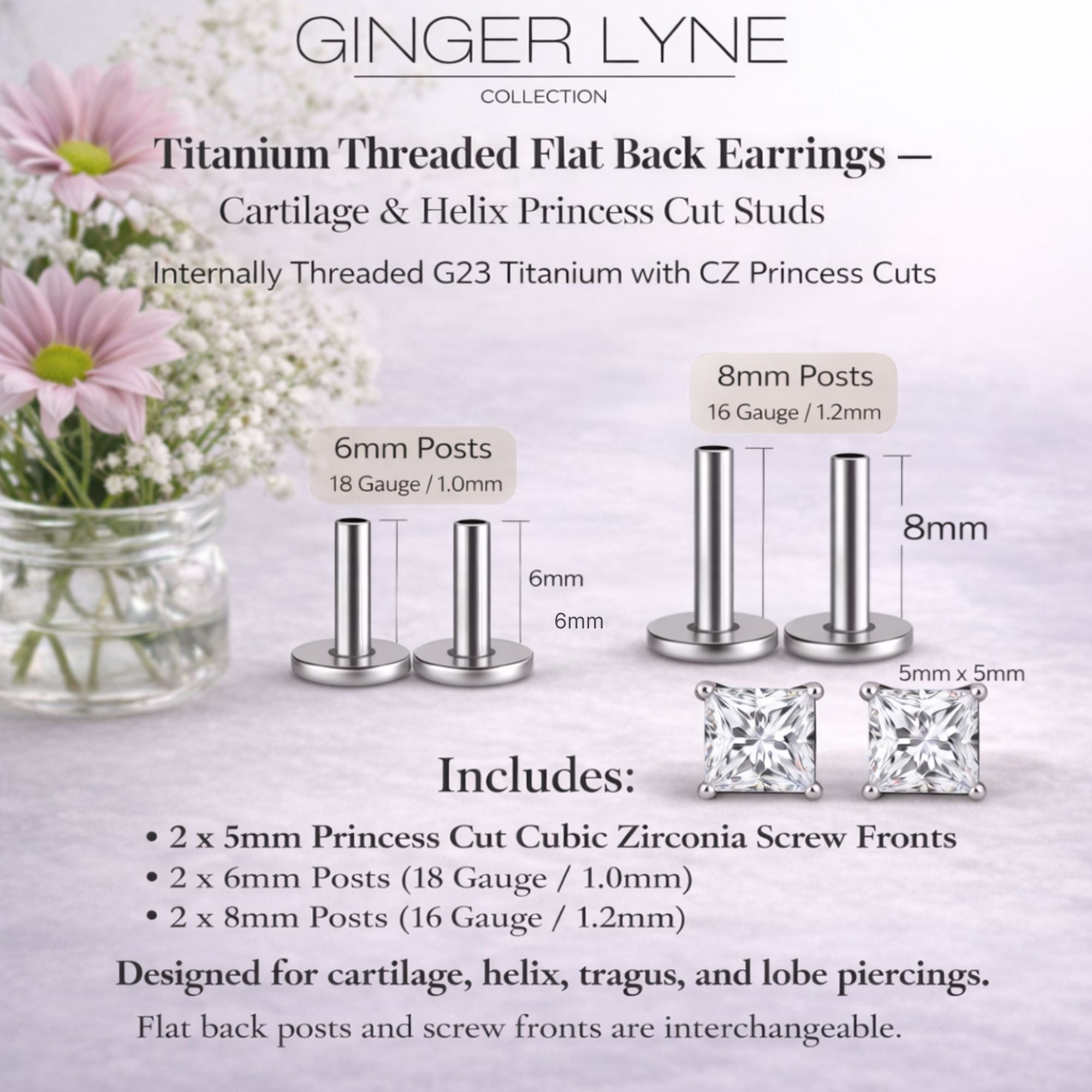 Princess Cut CZ 5mm Solitaire Flat Back Stud Earrings Titanium Body Piercings by Ginger Lyne 2 Sets Post 6mm 8mm