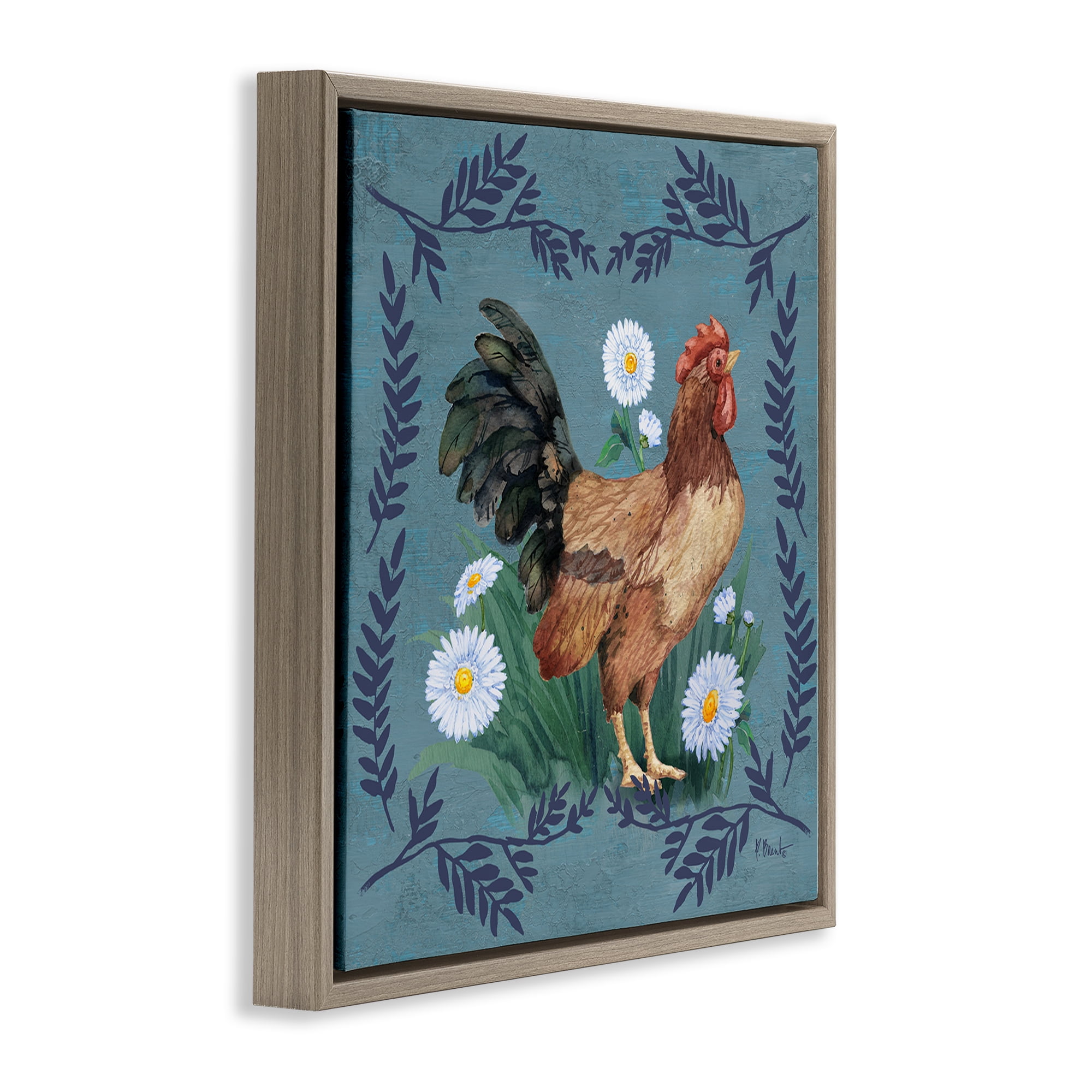 Stupell Industries Rooster & Daisies Animals & Insects Painting Brown Floater Framed Canvas Art Print Wall Art, 25 x 25